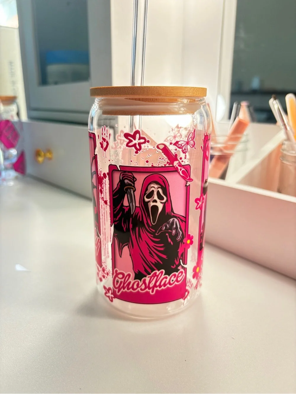 Ghostface Pink Acrylic Drink Jar with Bamboo Lid and Straw - Pink Ghost Design